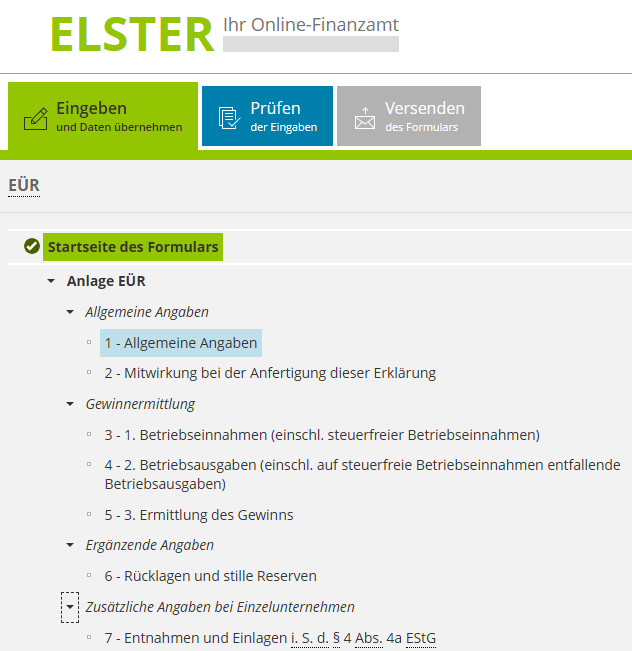 Startseite des Formulars Einnahmenüberschussrechnung (Anlage EÜR)