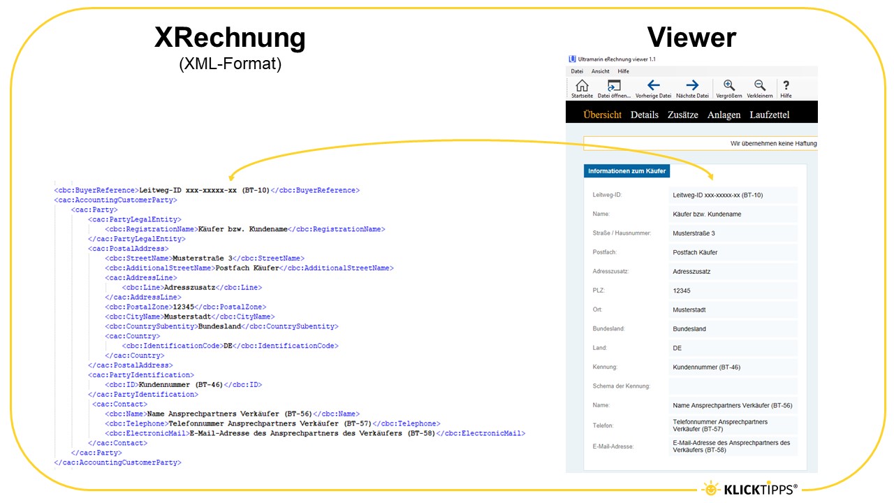 Vergleich XRechnung und sonstige Rechnung (Ansicht mit Ultramarin Viewer)