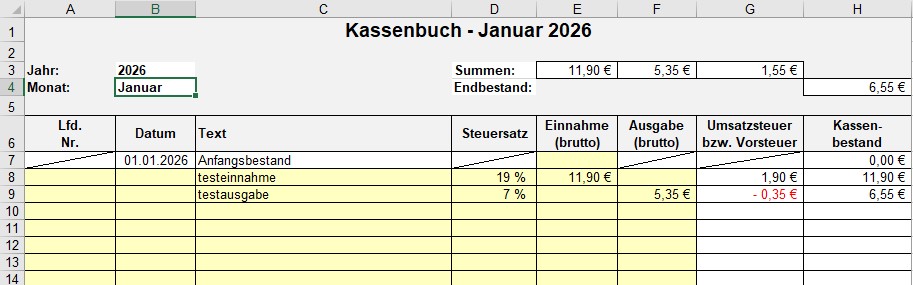 Kassenbuch 2026 - Einnahmen und Ausgaben einer Barkasse